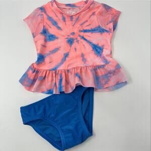 Cat & Jack Tie Dye Two Piece Baby Pink and Blue Peplum Swimsuit Tankini 12 Month